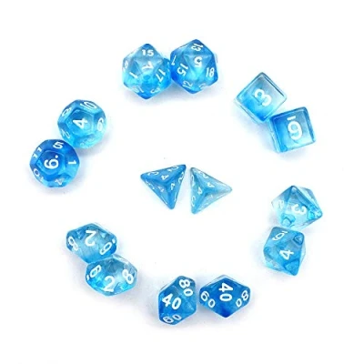 Immagine di Fasizi set di dadi poliedrici trasparenti per giochi da tavolo, 2 x 7 (14 pezzi) serie D20 D12 D10 D8 D6 D4 DND RPG MTG doppi colori un pezzo (blu)
