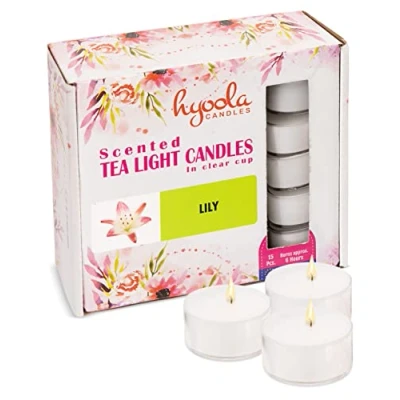 Immagine di Hyoola Candele Profumate Tealight Lumino in Portacandele Trasparente Piccole Giglio Durata Candela 6 Ore Set da 15 Made EU