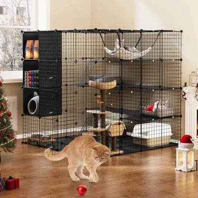 Immagine di YITAHOME Grande Gabbia per 1 4 Gatti, con Scatola Portaoggetti, Recinto in Metallo Amaca Cuccia a Livelli , Coniglio, Cincillà, Nero, 140 x cm