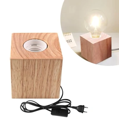 Immagine di Nizirioo lampada da tavolo a forma di cubo in legno, E27 comodino con base legno EU Plug E27, perfetta per camera letto, soggiorno, ufficio (senza lampadina)