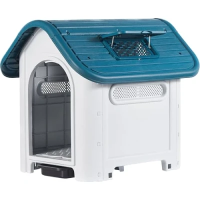 Immagine di Lanco Cuccia per Cani di Piccola Taglia con Tettuccio Regolabile e Toilette. Uso interno ed esterno griglie ventilazione. Materiale resistente. 83x67x76 cm. Blu bianco.