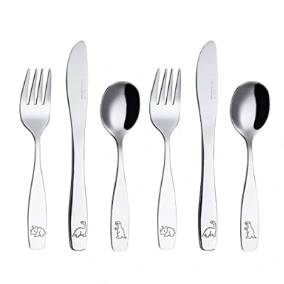 Immagine di EXZACT Posate per bambini 6 pezzi in acciaio inox/posate bimbi 2 x forchetta, coltelli, Cucchiai Cena dinosauri bambini(Dinosauri 6)