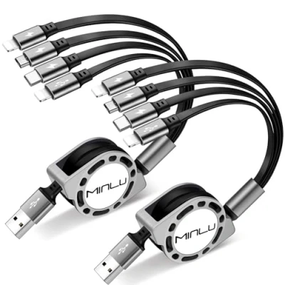 Immagine di Minlu Retrattile Cavo di Ricarica 1,2m, 4 in 1 Multi [2pack 4A], Multiplo con 2 iP/Type C/Micro USB per telefono 15 14 13 12/11/Xs/X/8/7/Galaxy/Pixel/LG/Table
