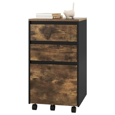 Immagine di WOLTU Cassettiera da Ufficio, Portadocumenti a 3 Cassetti, Mobiletto Portaoggetti con Ruote per Studio, Camera Letto, in Legno, Rovere Vintage e Nero, 40x40x70cm, ASK01hov