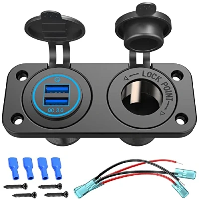 Immagine di Quick Charge 3.0 Splitter Presa Accendisigari, Caricatore USB 12V Adattatore di Corrente Impermeabile con LED Blu Doppie Porte per Pannello Interruttori a Bilanciere su Camper, ecc