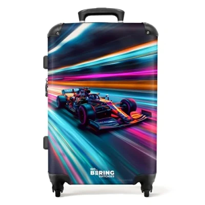 Immagine di NoBoringSuitcases.com Valigia Bambini, Grande, Trolley Bambino, Per Serratura TSA, Bimbo, Grande 23 kg (67 cm 72 L) (Auto di Formula 1 Neon multicolore)