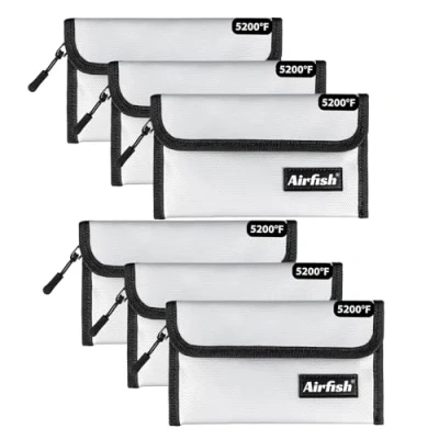 Immagine di Airfish 6 Pezzi Sacchetti per Soldi Ignifughi, 12.7 x 20cm, Borsa sicura Contanti, Oggetti di Valore e Passaporto con Rivestimento in silicone Chiusura a Cerniera Argento