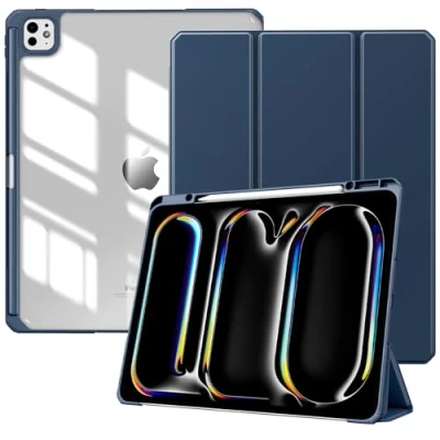 Immagine di TiMOVO Custodia per iPad PRO 13 Pollici (M4) 2024 con Portapenne, Cover Protettiva Supporto Pieghevole &amp; Retro Trasparente, Auto Sveglia/Sonno, Blu Marino