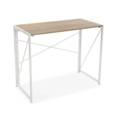 Immagine di VERSA Jack Scrivania per Computer e Scrittoio Salvaspazio, Piccolo Tavolo da Ufficio, Salotto o Studio di Casa, Pieghevole, Misure (A x L l) 74 45 90 cm, Legno Metallo, Colore Bianco