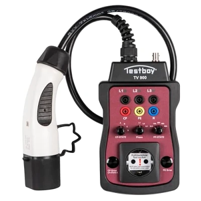 Immagine di Testboy TV 900 Adattatore per colonnine di Ricarica Tipo 2 (Tester installaz. o multimetro collegabili, LED Integrato, Presa Schuko Integrata con commutat. Fase) Nero/Rosso