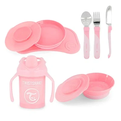 Immagine di Twistshake All in Need Mealtime Set di Stoviglie, 7 st 1x Tovagliette 31 x 17 cm, Piatto, Piatto con Divisore, 3x Posate Acciaio Inox, Mini Cup 6+ Mesi, Ragazza