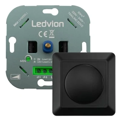 Immagine di Ledvion, Dimmer a led, 3 200 Watt, universale led da incasso, Interruttore dimmer, Cornice Piastra di copertura Nero