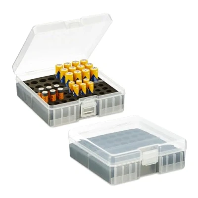 Immagine di Relaxdays Custodia Portabatterie, Set da 2, per 60 Pile AA e AAA, 5,5x15x15,5 cm, Scatola Batterie, Trasparente/Nero, 5.5 x 15 15.5 cm