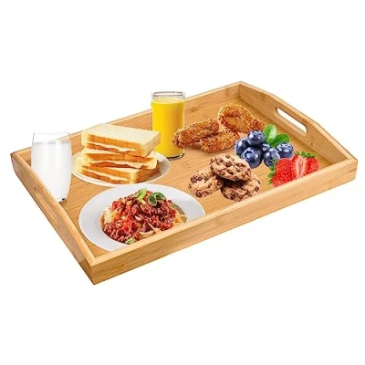 Immagine di QINERSAW Vassoio da Portata in bambù, Rettangolare Bambù con Manici, per Alimenti, Servire, Colazione, Tè, Caffè, Pane, 41x29x3.2CM