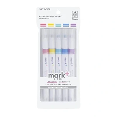 Immagine di KOKUYO Evidenziatore pastello a 2 vie, set di 5 colori. Mark+pennarelli doppia punta, punta fine scalpello ad asciugatura rapida, confezione da pezzi, rosa, blu, verde, viola, giallo.