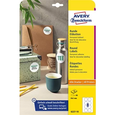 Immagine di AVERY Zweckform 6227 10 etichette rotonde (80 adesivi, diametro 65 mm su fogli A4, adesivi rotondi da stampare, autoadesive permanenti per barattoli di marmellata) fogli, bianche