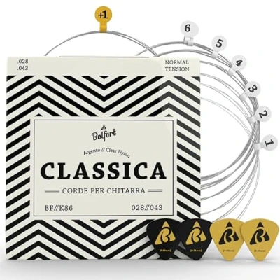 Immagine di BELFORT® corde per chitarra classica, in nylon e argento, acustica (set di 6 corde) Incl. 4 plettri + Mi extra