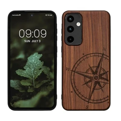 Immagine di kwmobile Custodia Compatibile con Samsung Galaxy A55 5G Cover Back Case in Legno Bumper Silicone TPU Bussola vintage marrone scuro