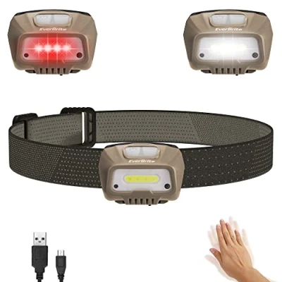 Immagine di EverBrite Lampada Frontale LED Ricaricabile USB, Torcia 350 Lumen, 4 Modalità di Luce, Sensore Movimento, Lampade da Testa con Angoli Regolabili a 45 per Campeggio, Corsa, Pesca (Cachi)