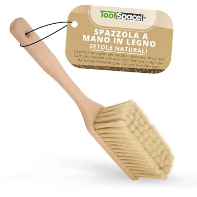 Immagine di ToolSpace Spazzola a Mano in legno di Faggio 34x7x5,7 cm 100% naturali Setole Morbida Scopa Pelo per Neve Pulizia dell&#039;auto e caminetti Frusta Leggere fini Foro Presa