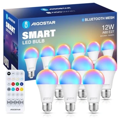 Immagine di Aigostar Mesh 12W A60 Lampadine Alexa Bluetooth Mesh, Lampadina Smart Works with Alexa, E27 LED 1150LM RGB &amp; 2700K 6500K, 6 Unità (Con Telecomando Bluetooth)