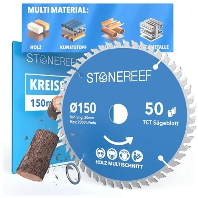 Immagine di STONE REEF Lama per sega circolare 150 x 20 cm [con adattatore su foro &amp; 16 mm], compatibile con smerigliatrice angolare Bosch, Makita ecc. legno, metallo e