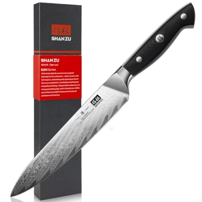 Immagine di SHAN ZU Coltello Universa Damasco 15 cm, da Cucina Giapponese in Acciaio (AUS 10), Manico Ergonomico G10, Lama Affilata SUN Series