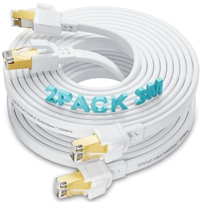 Immagine di Cavo Ethernet 3 metri 2 Pezzi, Cat 8 Lan Piatto di Rete ad Alta Velocità RJ45 Internet Esterno Interno 40Gbps 2000MHz Gigabit Bianco Schermato Patch per Router Modem Switch