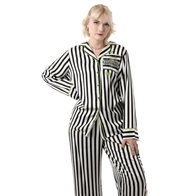 Immagine di Pigiama a righe da donna in bianco e nero maniche lunghe gamba lunga Biancheria notte Beetlejuice Set di indumenti accoglienti per
