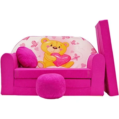 Immagine di Pro Cosmo Divano letto pieghevole per bambini con funzione Perfetto giocare e dormire materasso, cuscino pouf sfoderabili 98x168x59 cm H3 Rosa Orsetto di peluche un cuore