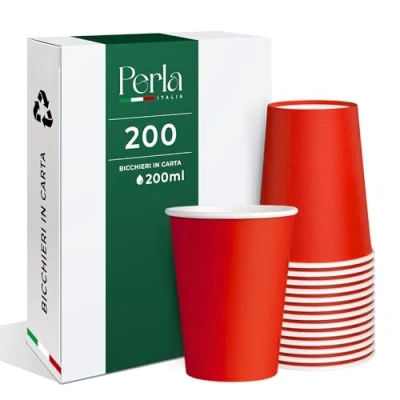 Immagine di Perla, 200 Bicchieri di Carta da ml, Bicchiere Monouso Biodegradabile Ecologico, Adatto per Bevande Fredde e Calde, Acqua usa getta (Rosso)