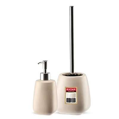 Immagine di KADAX Set da bagno 2 pezzi in ceramica, accessori bagno, dispenser di sapone, bicchiere portasapone e scopino WC (spazzola beige) (K8180)