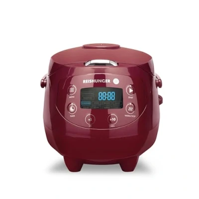 Immagine di REISHUNGER Cuociriso digitale piccolo, bordeaux, da 0,6 l a 3 persone, funzione di mantenimento del calore, timer e pentola alta qualità, piccolo multicooker vapore, 8 programmi, tecnologia 7