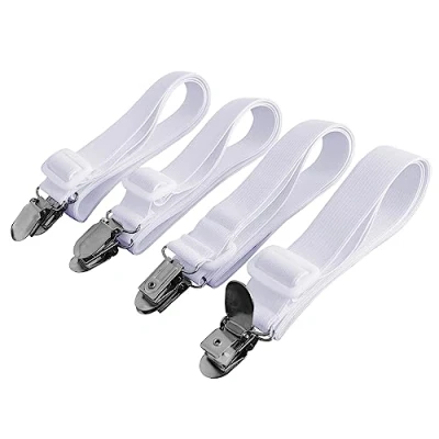 Immagine di Beedsooth 4 Pezzi (60cm 200cm) Elastici per Lenzuola, Clip Lenzuola Bretelle Regolabili Materasso, ASSE da Stiro O Divano, Bianco
