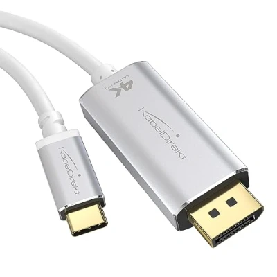 Immagine di KabelDirekt Cavo adattatore da USB C a DisplayPort con connettori in metallo infrangibili 2 m (Video 4K/60 Hz notebook/smartphone schermi DP, 3.1, Tipo C, Thunderbolt 3, Bianco)