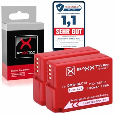 Immagine di 2x Baxxtar Pro batteria Compatibile con Panasonic DMW BLC12 E (vero 1100mAh) per Lumix DC FZ1000 II G91 DMC GX8 G70 G81 G7 G6 G5 FZ2000 FZ200 FZ300 FZ330