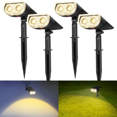 Immagine di Linkind Luci Solari da Giardino, 4 pack Faretto Solare Bianco Caldo 3000K con 2 modalità, 350Lm Lampade Esterni Impermeabile IP67 per Cortile Prato Piscina, Opzioni di Installazine