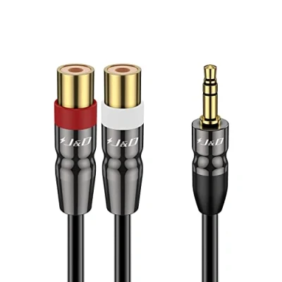 Immagine di J&amp;D Cavo Audio da 3,5 mm a Doppio RCA, Adattatore Stereo per Impieghi Gravosi Maschio 2 RCA Femmina con Guscio in Rame Placcato Oro, 0.9 Meter