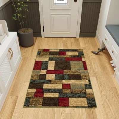 Immagine di Ottomanson Tappeto con motivo a riquadri, collezione Ottohome, fondo in gomma, 100 cm x 150 cm, multicolore