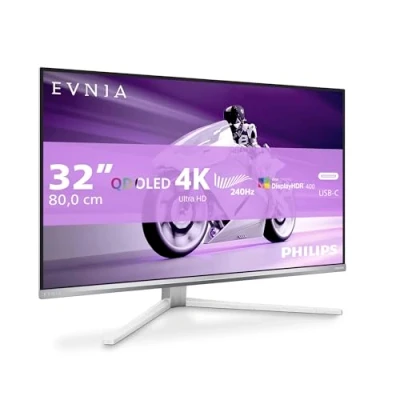 Immagine di Philips Evnia 32M2N8900 Monitor da gioco OLED UHD 32&quot;, 240 Hz, 0,03 ms, HDR400, FreeSync Prem. Pro, G Sync comp. (3840x2160, 2x HDMI 2.1, 1x DP 1.4, USB C (65 W PD), hub USB) bianco