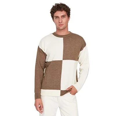 Immagine di Trendyol Girocollo Colorblock Regular Maglione Maglia di Tuta, Cammello Ecru, M Uomo