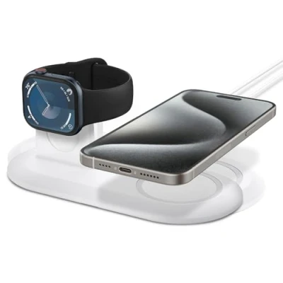Immagine di Spigen Mag Fit Duo Compatibile con Caricabatterie di MagSafe (2020 2023) Supporto per iPhone 16/15/14/13/12 serie, Apple Watch Ultra 2/1, Serie 10/9/8/7/6/5/SE/4/3/2/1 Bianco