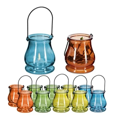Immagine di Relaxdays Vasetti Portacandele, Set da 12, in Vetro, Ampolle con Manico, Interni e Esterni, HxD 10x8,5 cm, Multicolore, 90% 10% Acciaio Inox