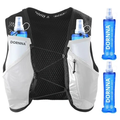 Immagine di DORNNA Light Edition V1 Zaino Trail Running + 2 borraccia mórbida 500 ml Senza BPA, Run Vest con Soft Flask, Gilet Uomo e Donna. (Bianco, XS S)