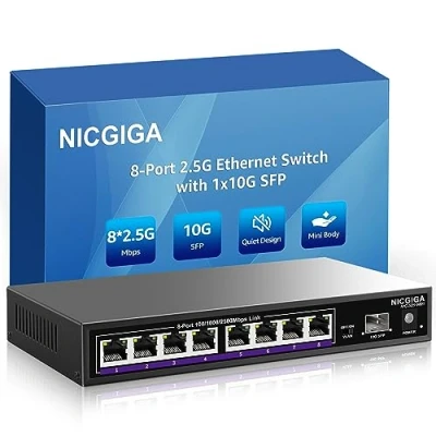 Immagine di NICGIGA 8 Port 2.5G Ethernet Switch + 10G SFP Uplink, Unmanaged 2.5Gb Network Switch, One Key VLAN, Plug &amp; Play, Desktop/Wall Mount, Fanless Metal Design.