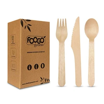 Immagine di FOOGO Green set di posate in legno usa e getta 100x forchette, cucchiai, coltelli biodegradabili compostabili eco friendly picnic per feste