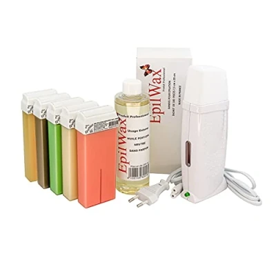 Immagine di Kit Depilatorio EpilWax Royal completo di: Scaldacera professionale 5 Roll On Wax 100 ml variegato, Strisce Depilatorie, 1 Flacone di Olio Dopo Cera 250 (Royal Series variegato 5)