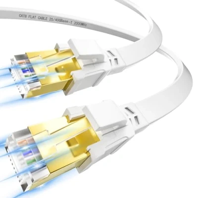 Immagine di Cavo Ethernet 3 Metri, di Rete 3m Schermato Cat 8 Lan ad Alta Velocità RJ45 Internet Piatto 40Gbps 2000MHz Gigabit Bianco Patch Compatibile con Router Modem Switch