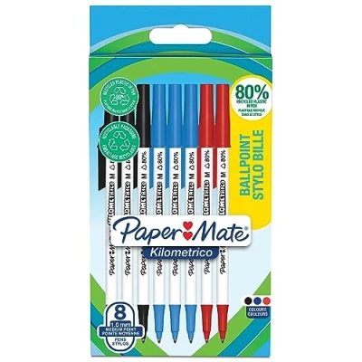 Immagine di PAPER MATE Kilometrico Penne a sfera Penna da scrittura lunga con punta media 1,0 mm Inchiostro nero, blu, rosso 80% plastica riciclata 8 pz.