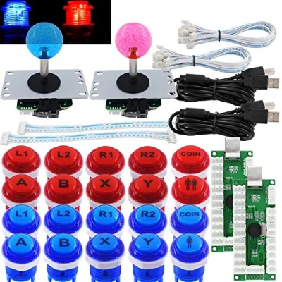 Immagine di SJ@JX Arcade 2 Player Game Controller Stick DIY Kit LED Buttons with Logo MX Microswitch 8 Way Joystick USB Encoder Cable for PC MAME Raspberry Pi Red Blue